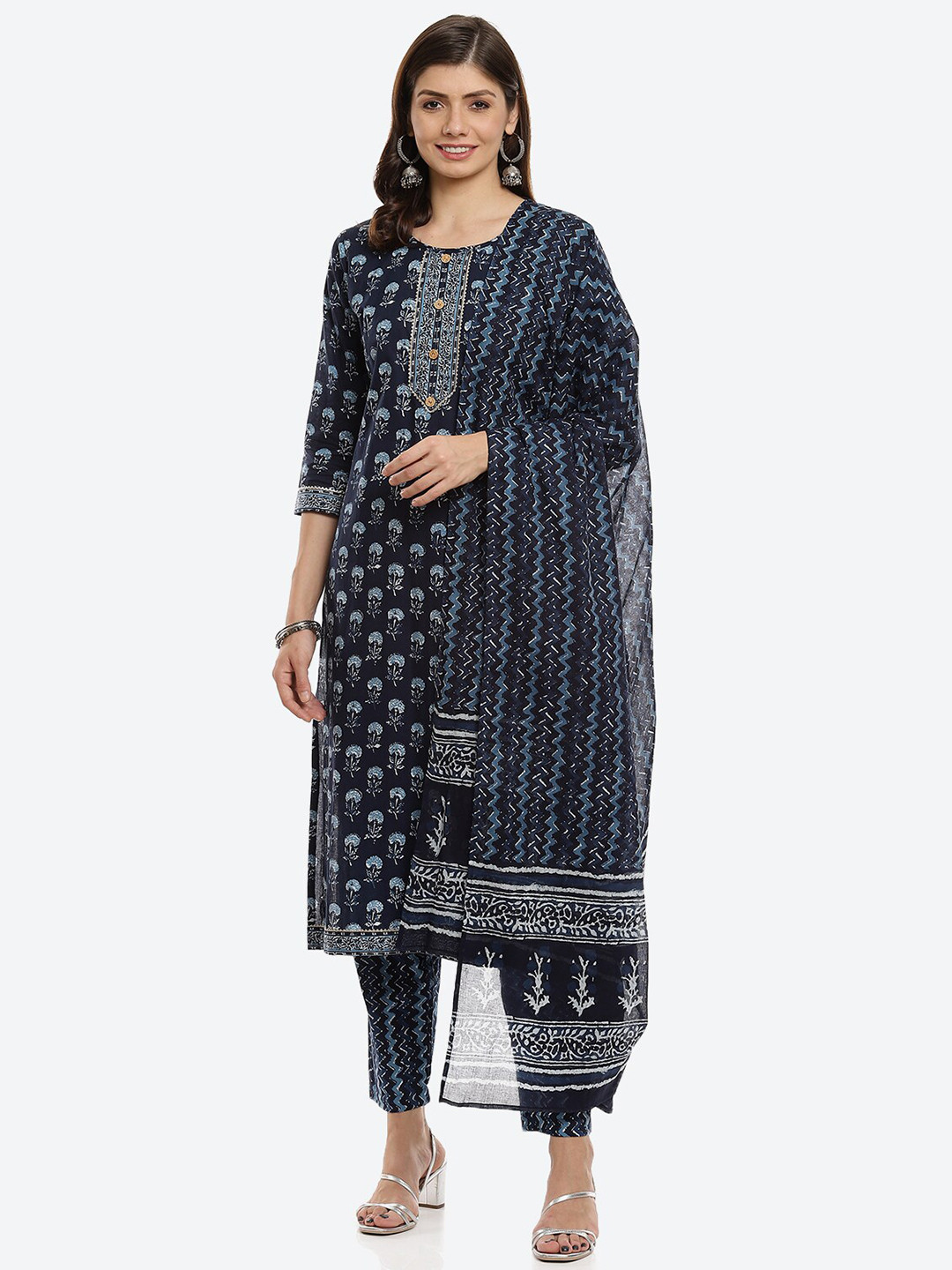 Buy Biba Navy Blue & White Printed Pure Cotton Unstitched Dress