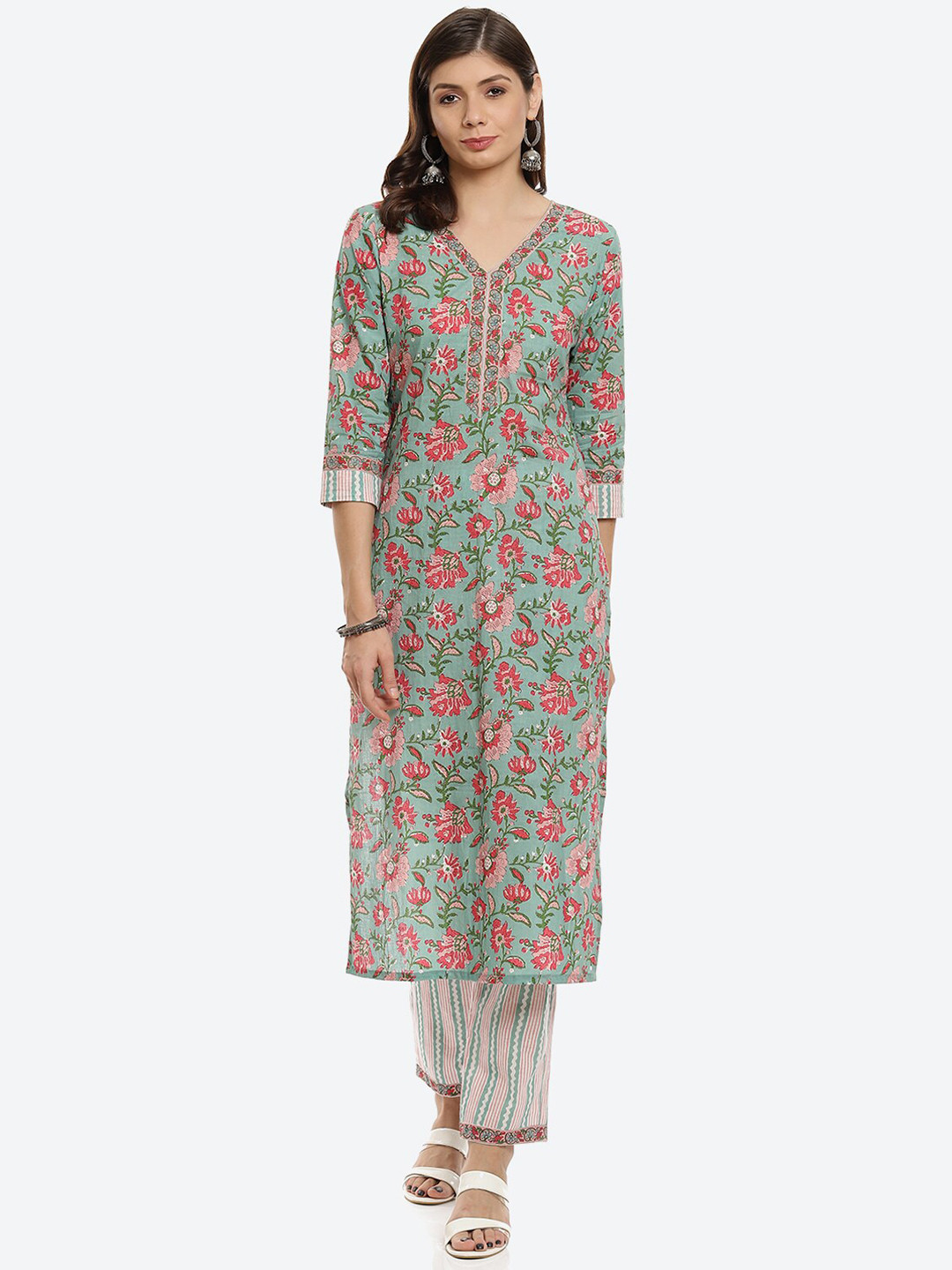 Buy Biba Green & Blue Printed Pure Cotton Unstitched Dress Material Dress Material for Women