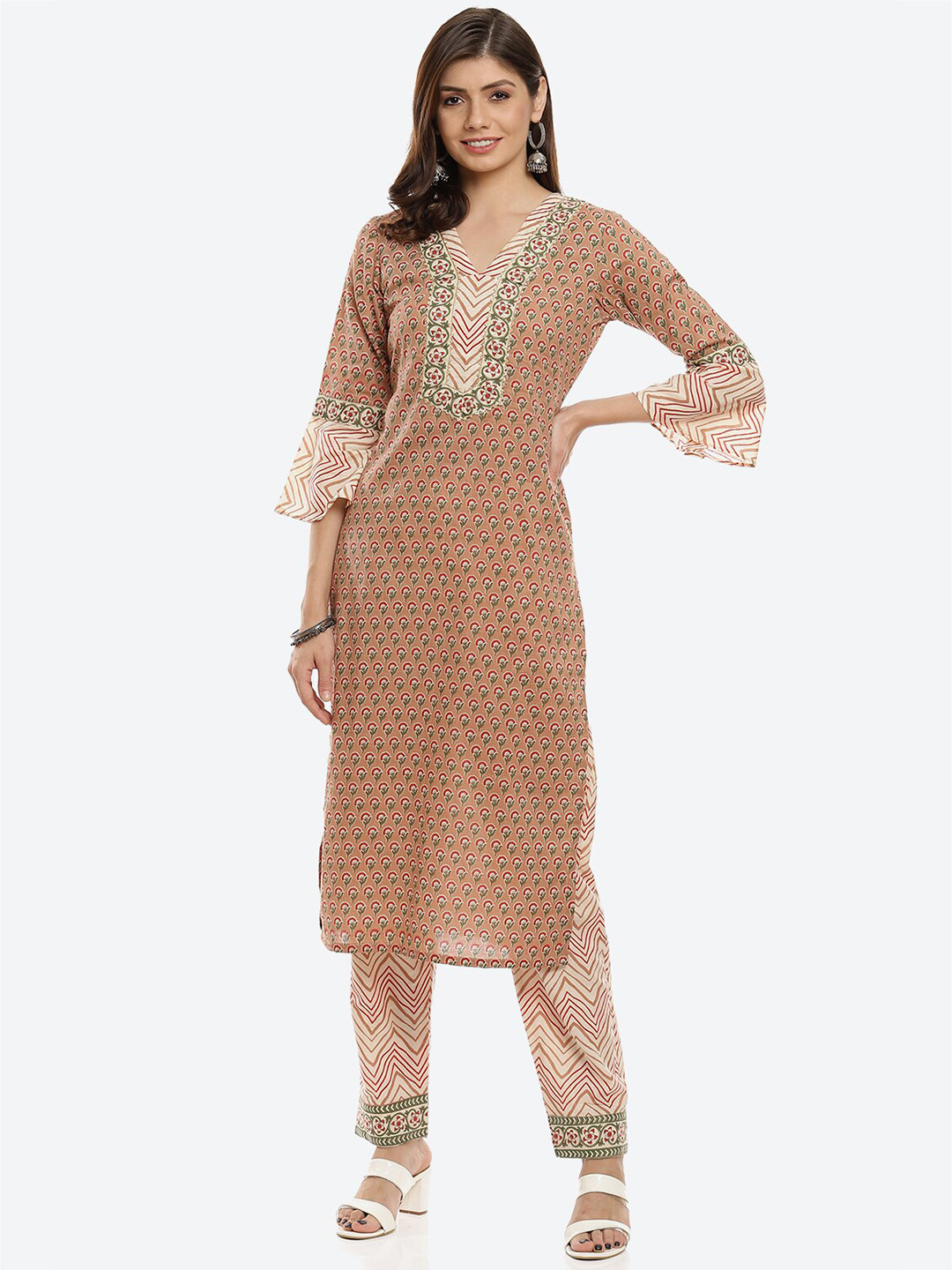 Buy Biba Peach Coloured & Green Printed Pure Cotton Unstitched Dress