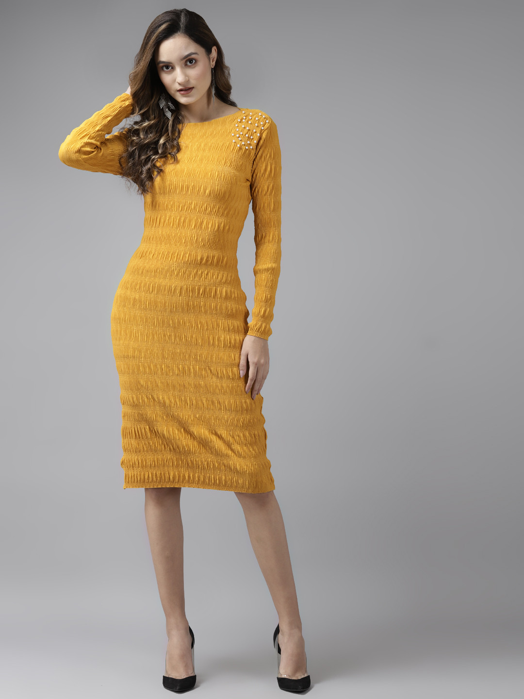 Buy KASSUALLY Women Mustard Yellow Solid Crinkled Bodycon Dress ...