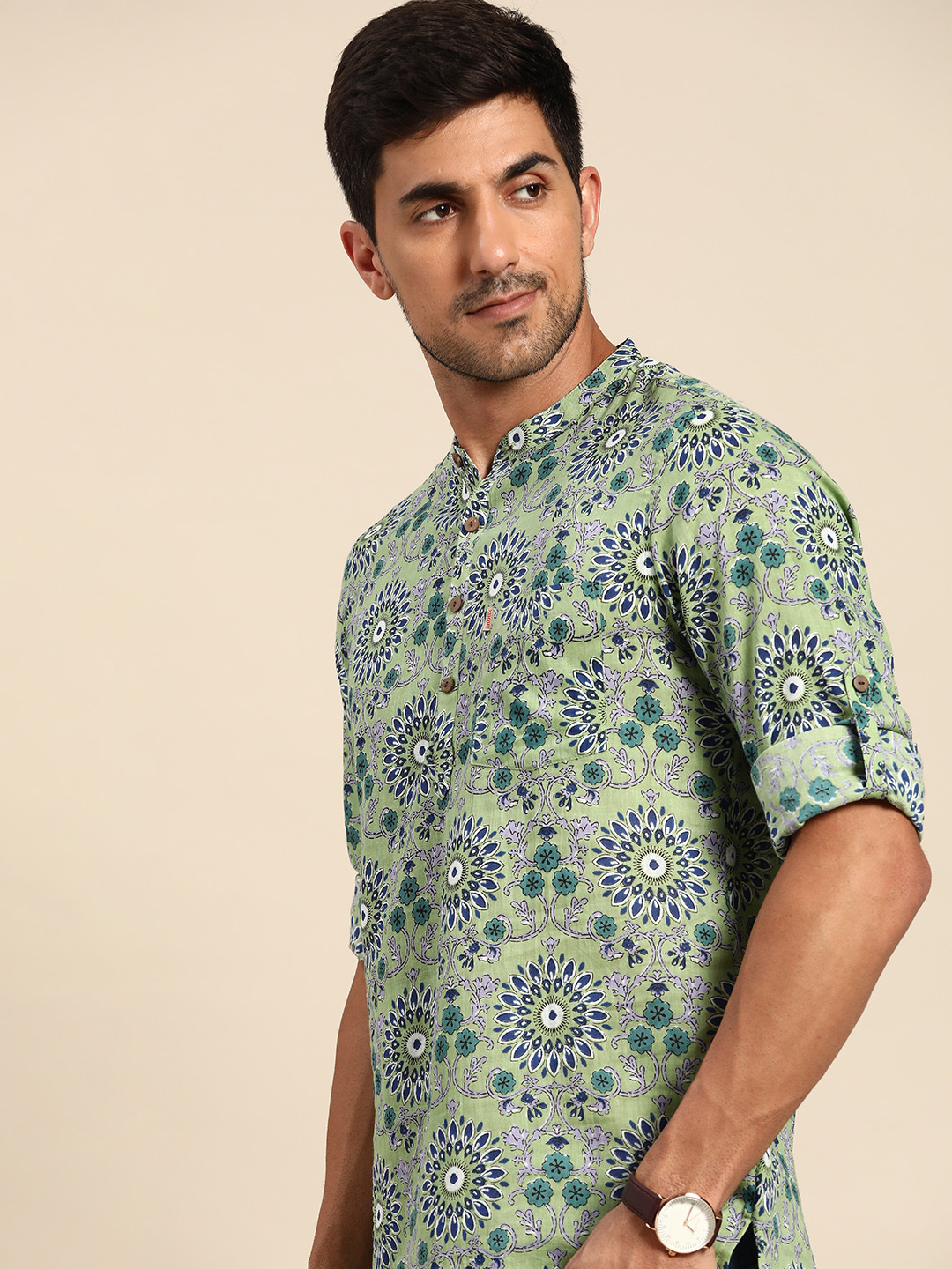 Buy Anouk Men Green & Navy Blue Pure Cotton Ethnic Motifs Print Short