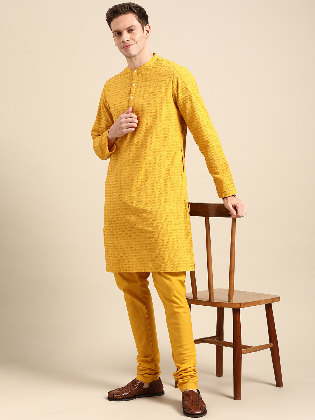 Buy Anouk Men Mustard Yellow Floral Embroidered Thread Work Pure Cotton