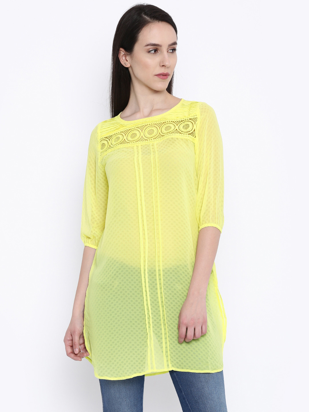 Buy Fusion Beats Women Yellow Self Design Sheer Tunic Tunics for