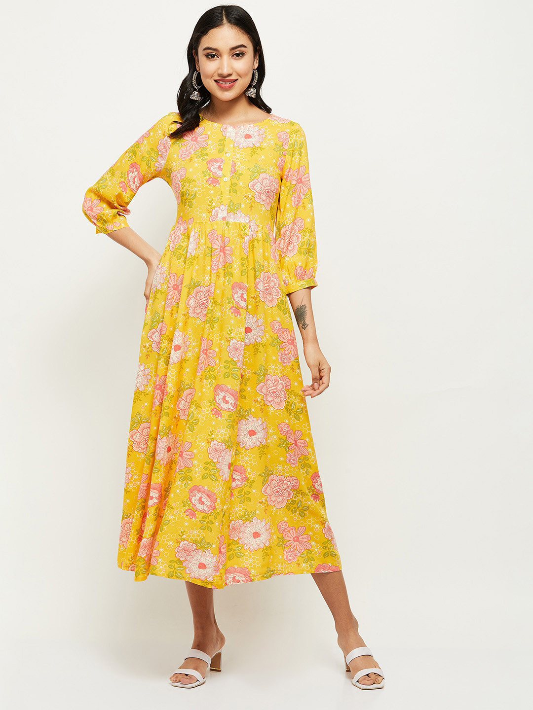 Buy Max Mustard Yellow Floral Midi Dress Ethnic Dresses for Women
