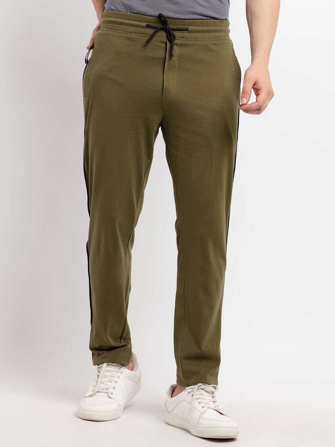 Buy Status Quo Men Olive Green Solid Regular Pure Cotton Track Pants