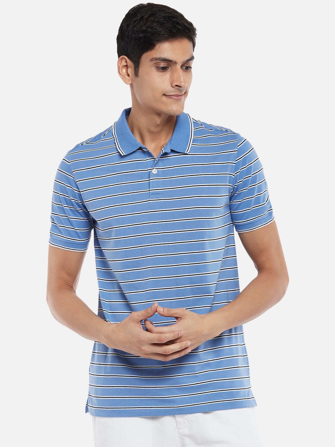 Buy BYFORD By Pantaloons Men Blue Striped Polo Collar Slim Fit Running ...