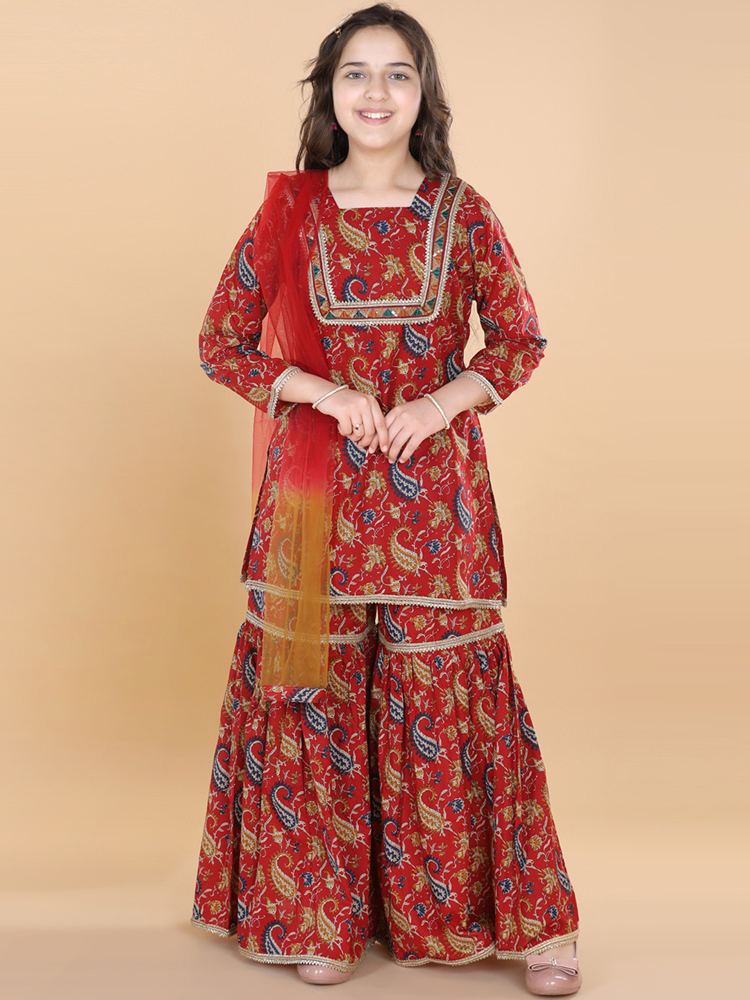 Vishudh Women Gotta Patti Pure Cotton Kurta with Sharara & With Dupatta