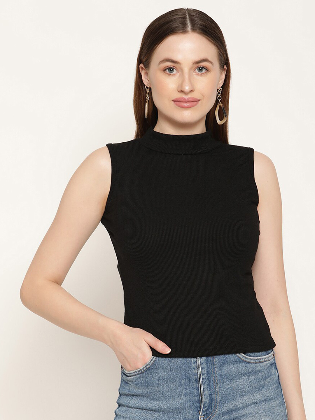 Buy Miaz Lifestyle Black Sleeveless Organic Cotton Fitted Top Tops