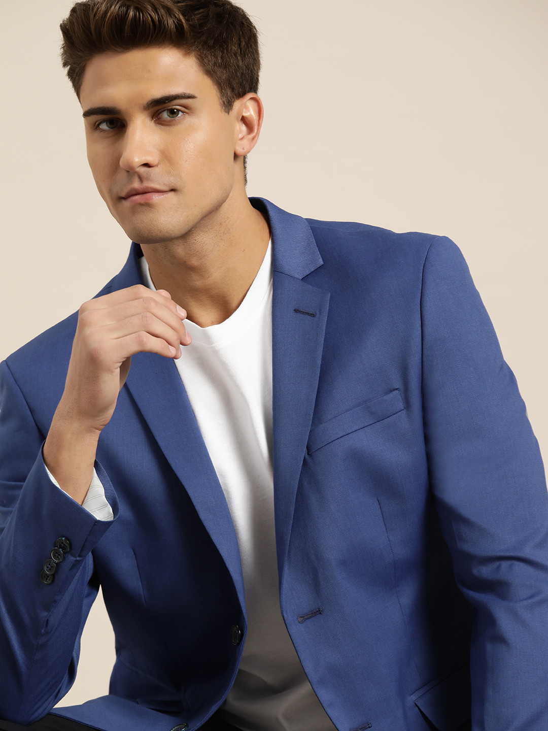 Men's Blue Slim Fit Single Breasted Cotton Blazer