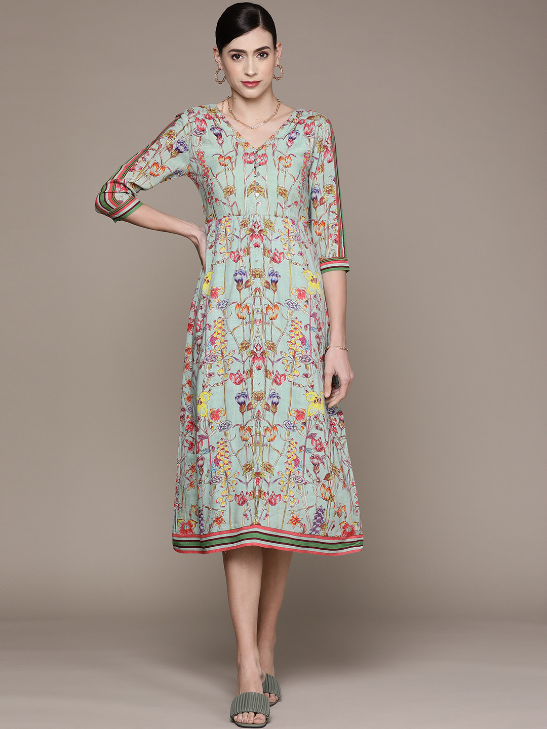 Buy Label Ritu Kumar Women Mint Green & Red Floral A Line Midi Dress