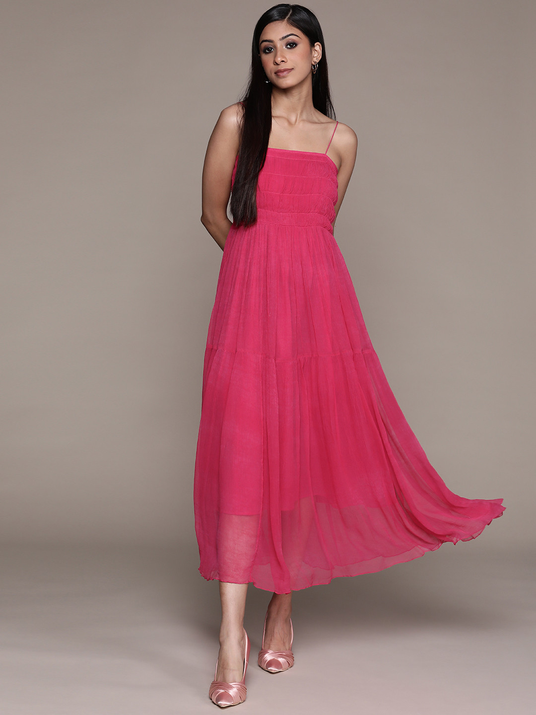 Buy Label Ritu Kumar Fuchsia Chiffon A Line Maxi Dress Dresses for