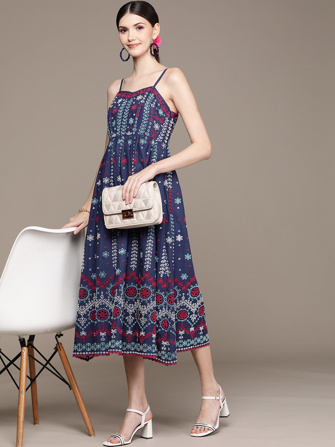 Buy Label Ritu Kumar Blue & Red Ethnic Motifs Midi Dress - Dresses for ...