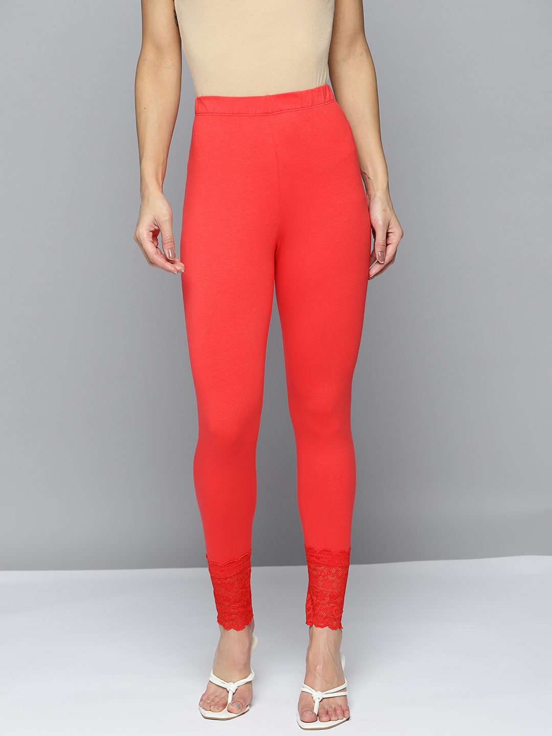 Buy HERE&NOW Women Red Solid Leggings With Lace Detailing - Leggings ...