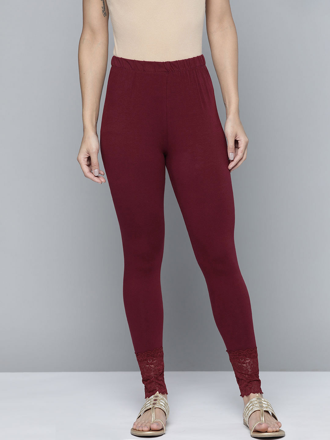 Buy HERE&NOW Women Burgundy Solid Ankle Length Hem Design Leggings