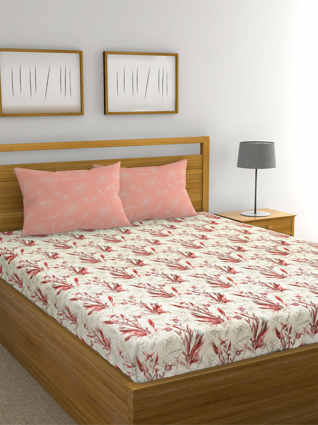 Buy Raymond Home Cream Coloured Floral 144 TC Cotton Queen Bedsheet