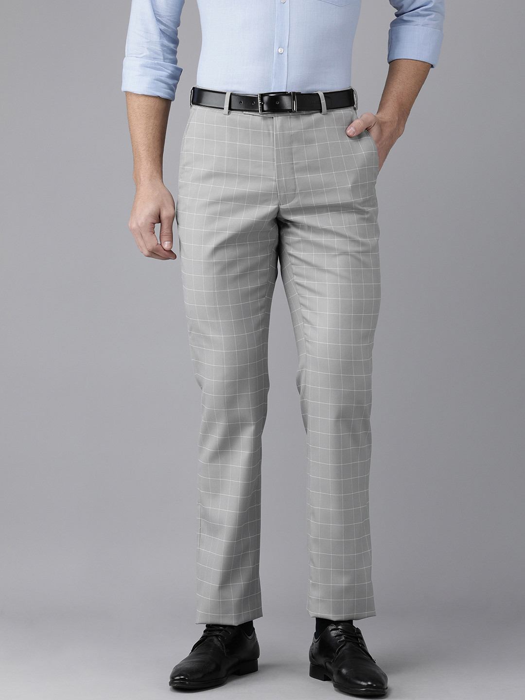 Buy Park Avenue Men Grey Checked Formal Trousers - Trousers for Men ...
