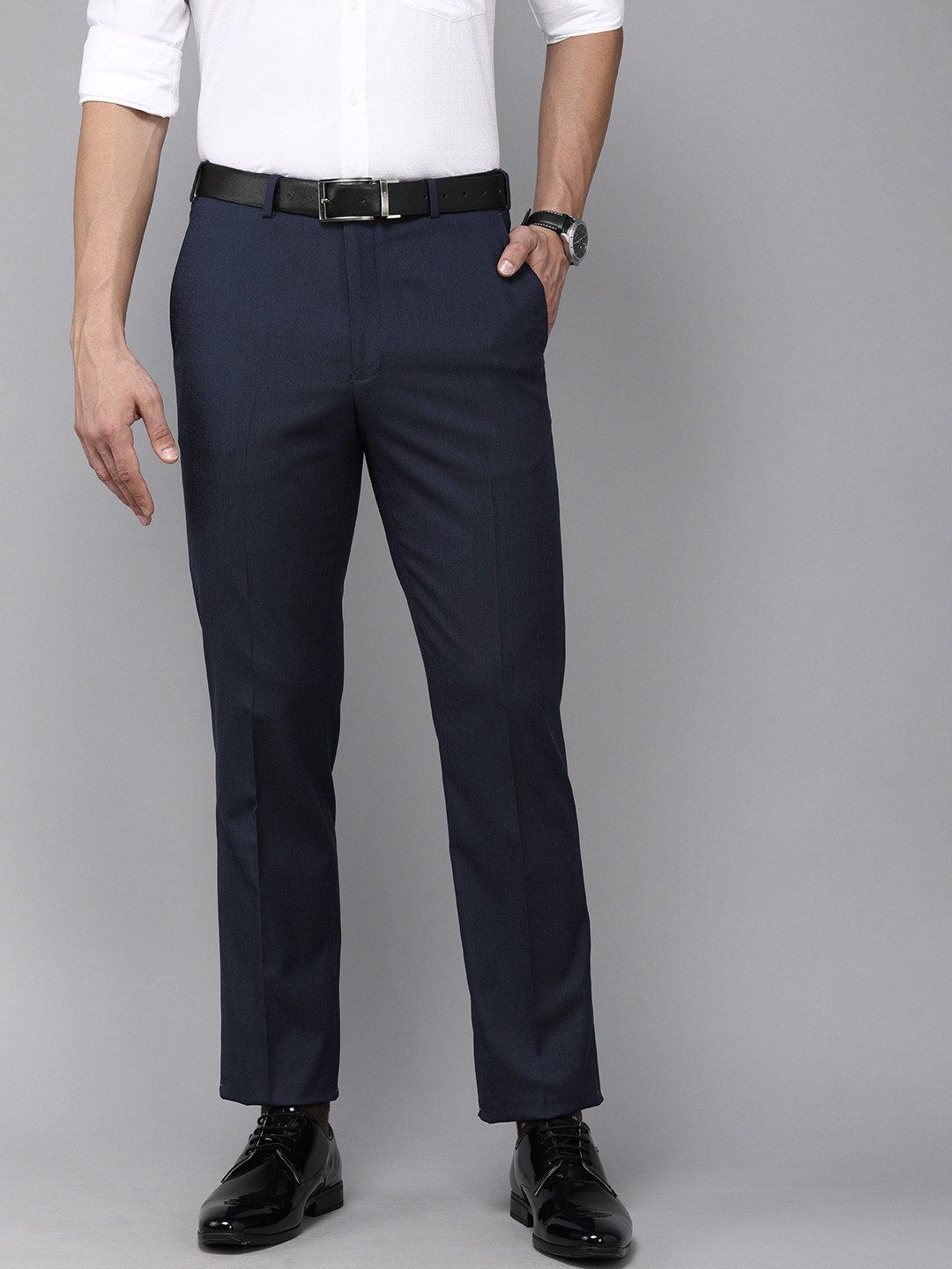 Buy Park Avenue Men Blue Solid Smart Slim Tapered Fit Low Rise Formal ...