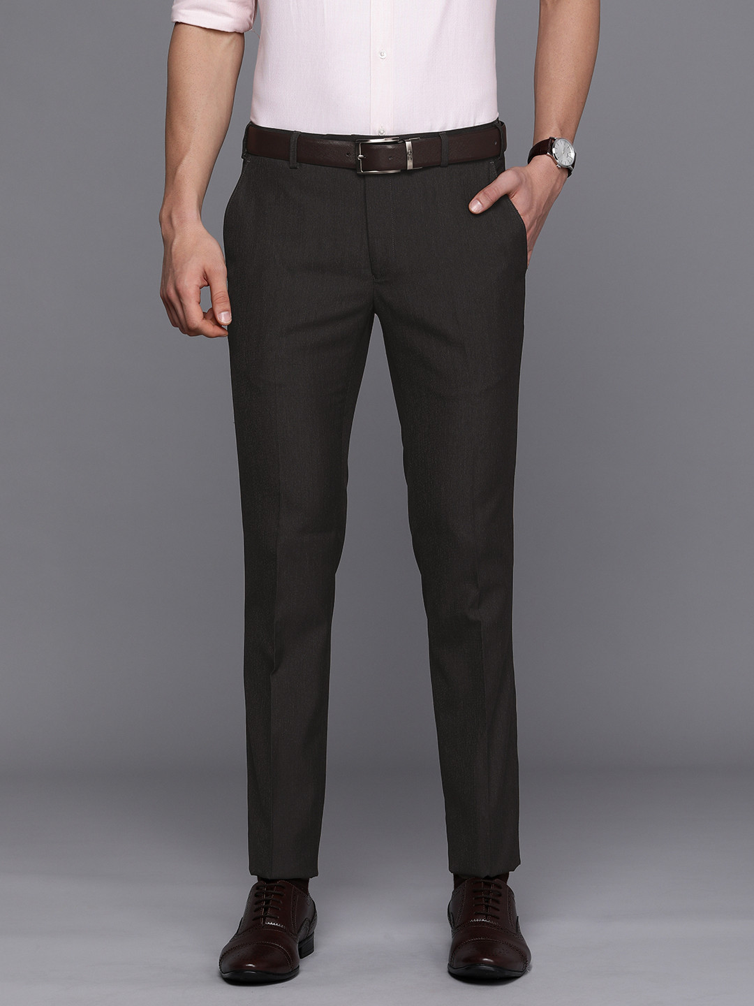 Buy Raymond Men Grey Textured Slim Fit Mid Rise Formal Trousers ...