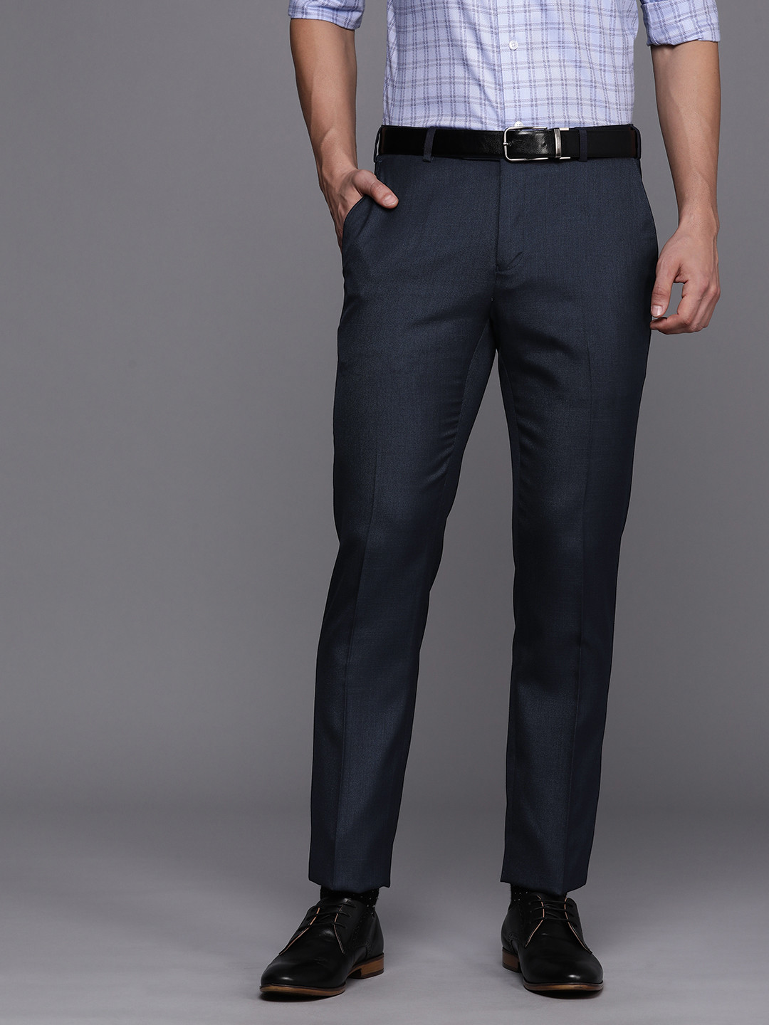 Buy Raymond Men Navy Blue Solid Slim Fit Formal Trousers - Trousers for ...