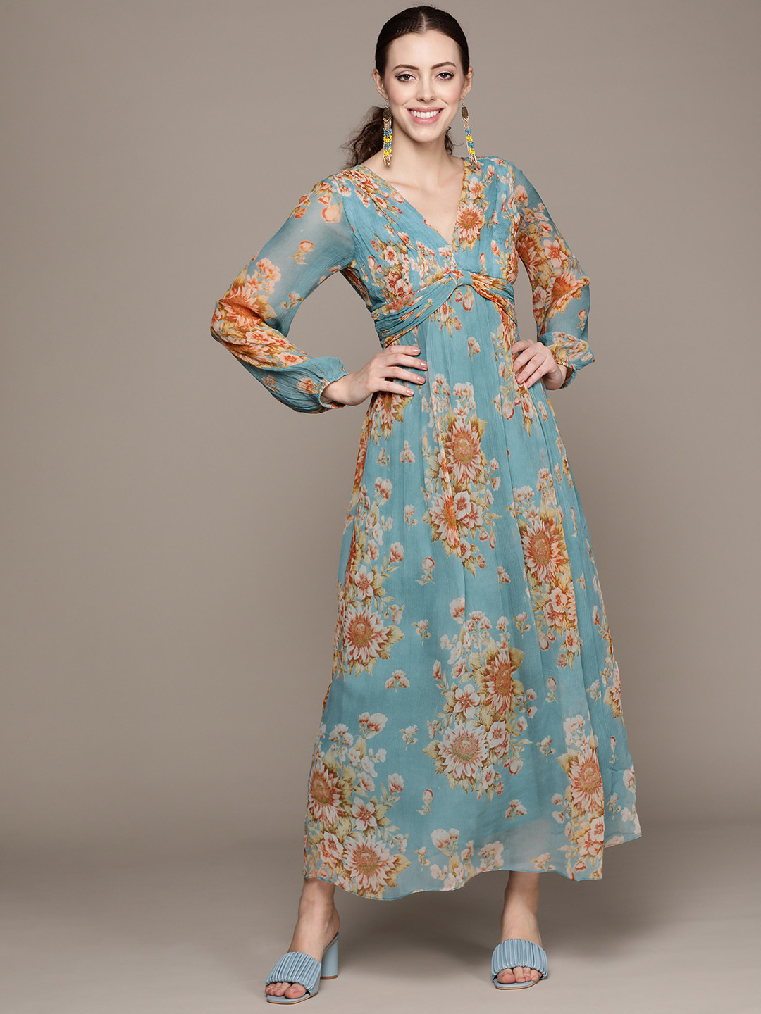 Buy Ritu Kumar Women Blue & Mustard Brown Floral Chiffon Maxi Dress Ethnic Dresses for Women