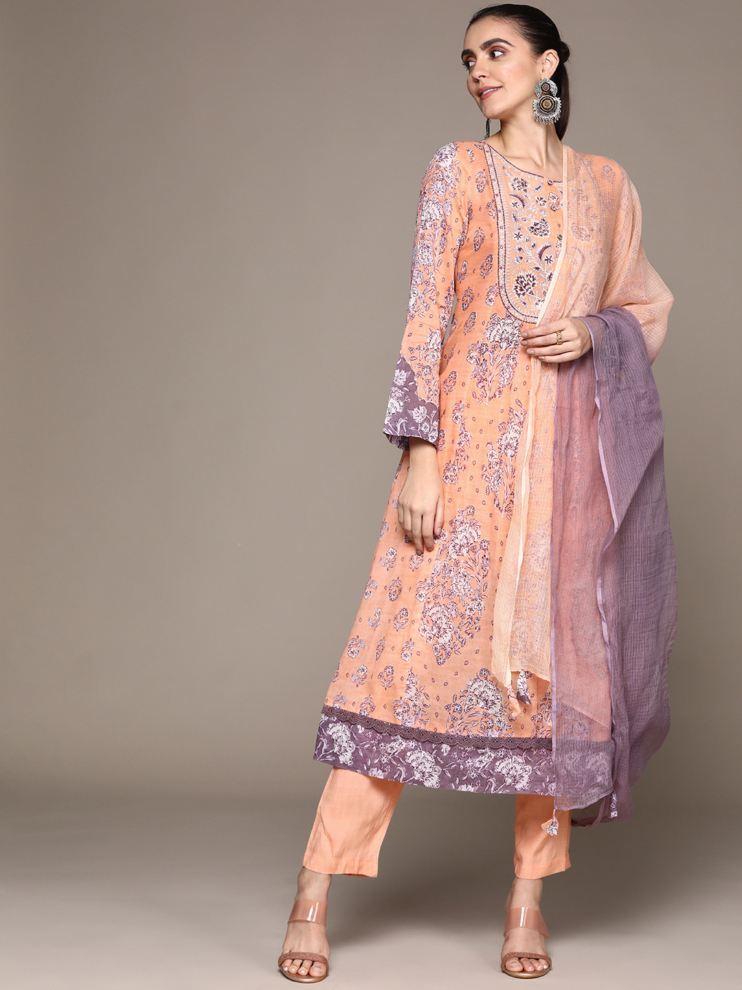 Women Floral Printed Orange round neck pure cotton kurta with trouser & dupatta