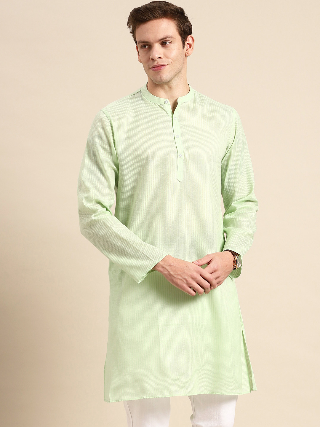 Men'S Green Cotton Striped Kurta Only