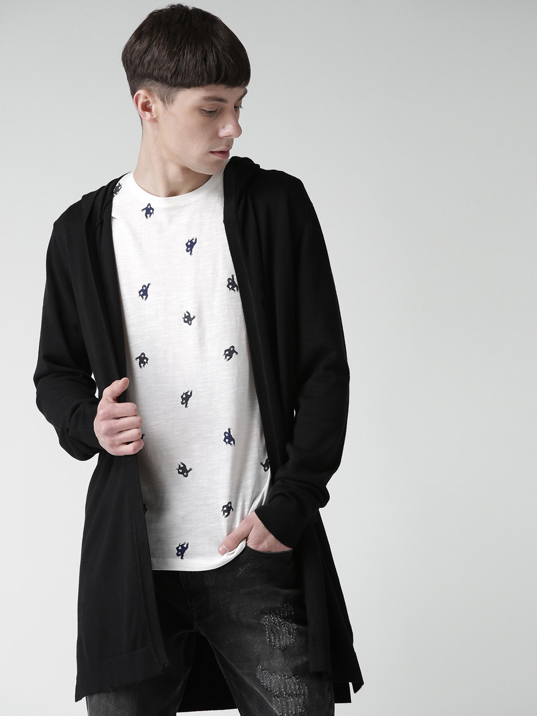 Buy FOREVER 21 Men Black Solid Hooded Longline Open Front Cardigan