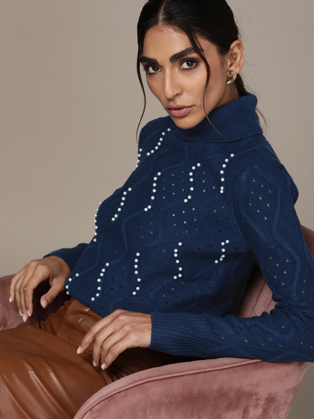 Buy Bebe Women Navy Blue Embellished Sweater - Sweaters for Women ...