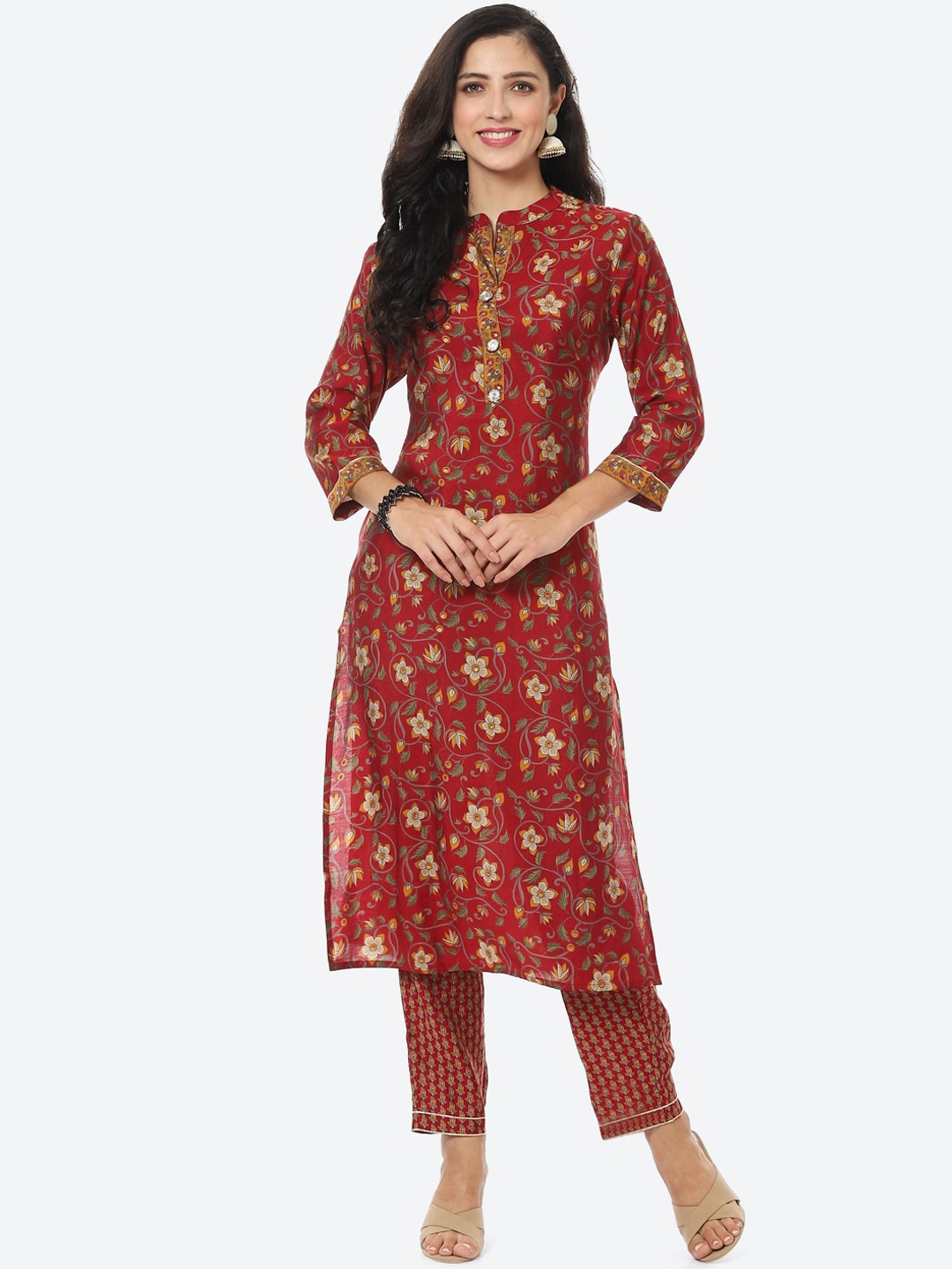 Buy Meena Bazaar Women Maroon Floral Printed Cotton Blend Kurta Set ...