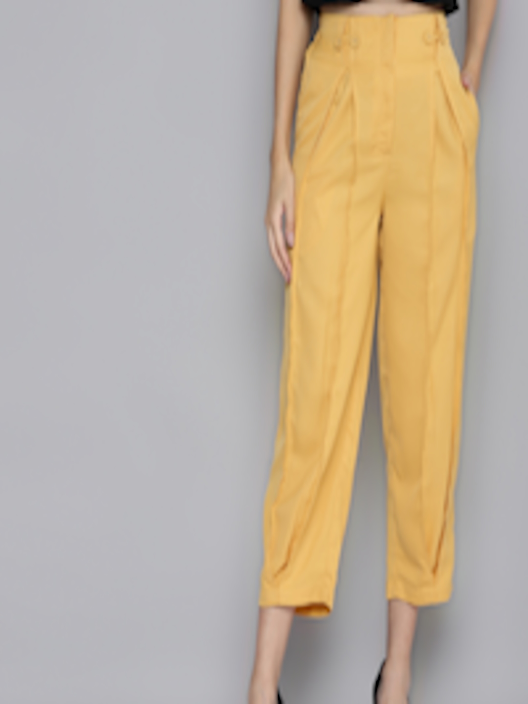 Buy SASSAFRAS Women Yellow High Rise Easy Wash Pleated Trousers