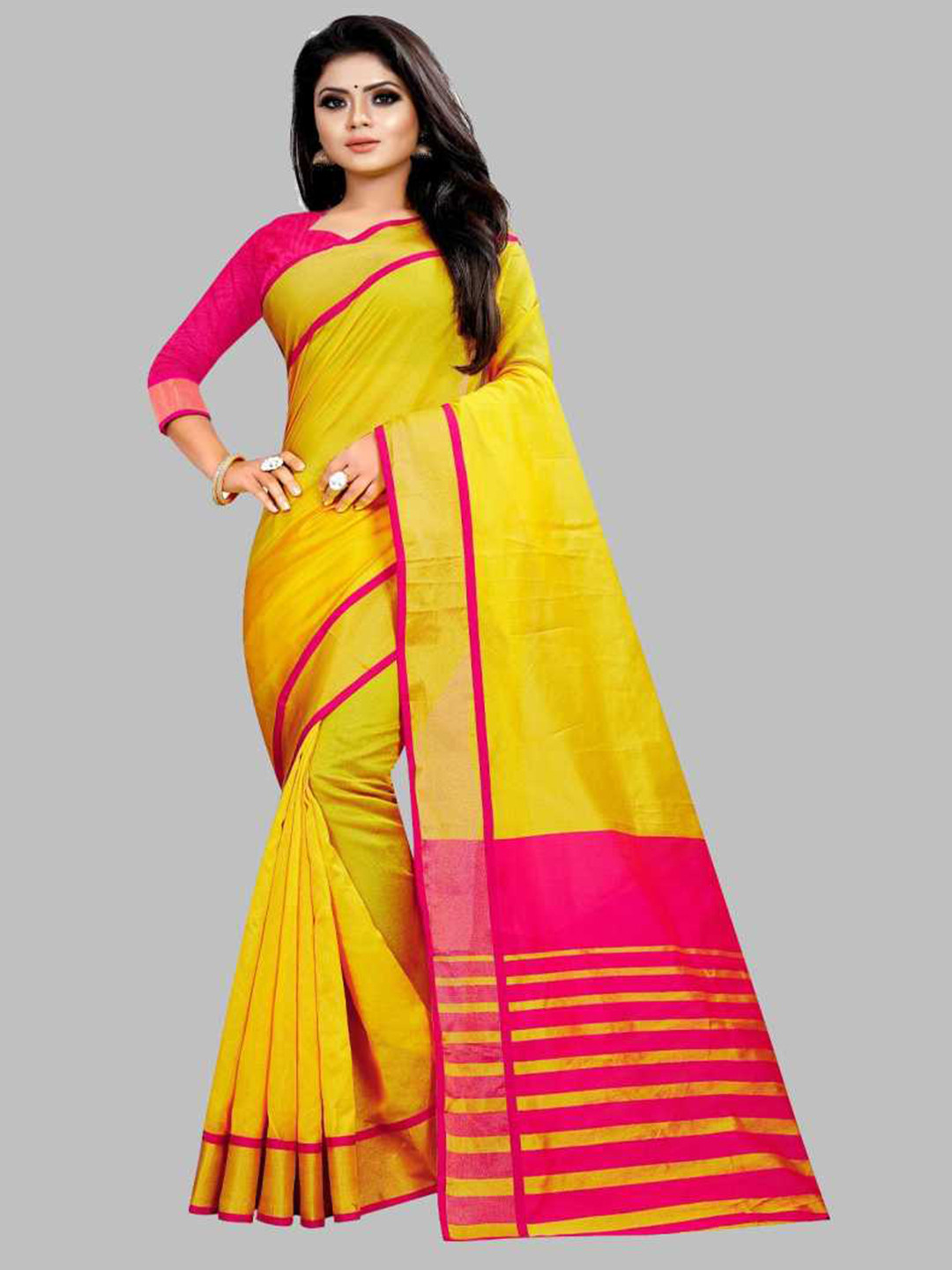 Buy SAADHVI Yellow & Red Zari Silk Blend Saree Sarees for Women