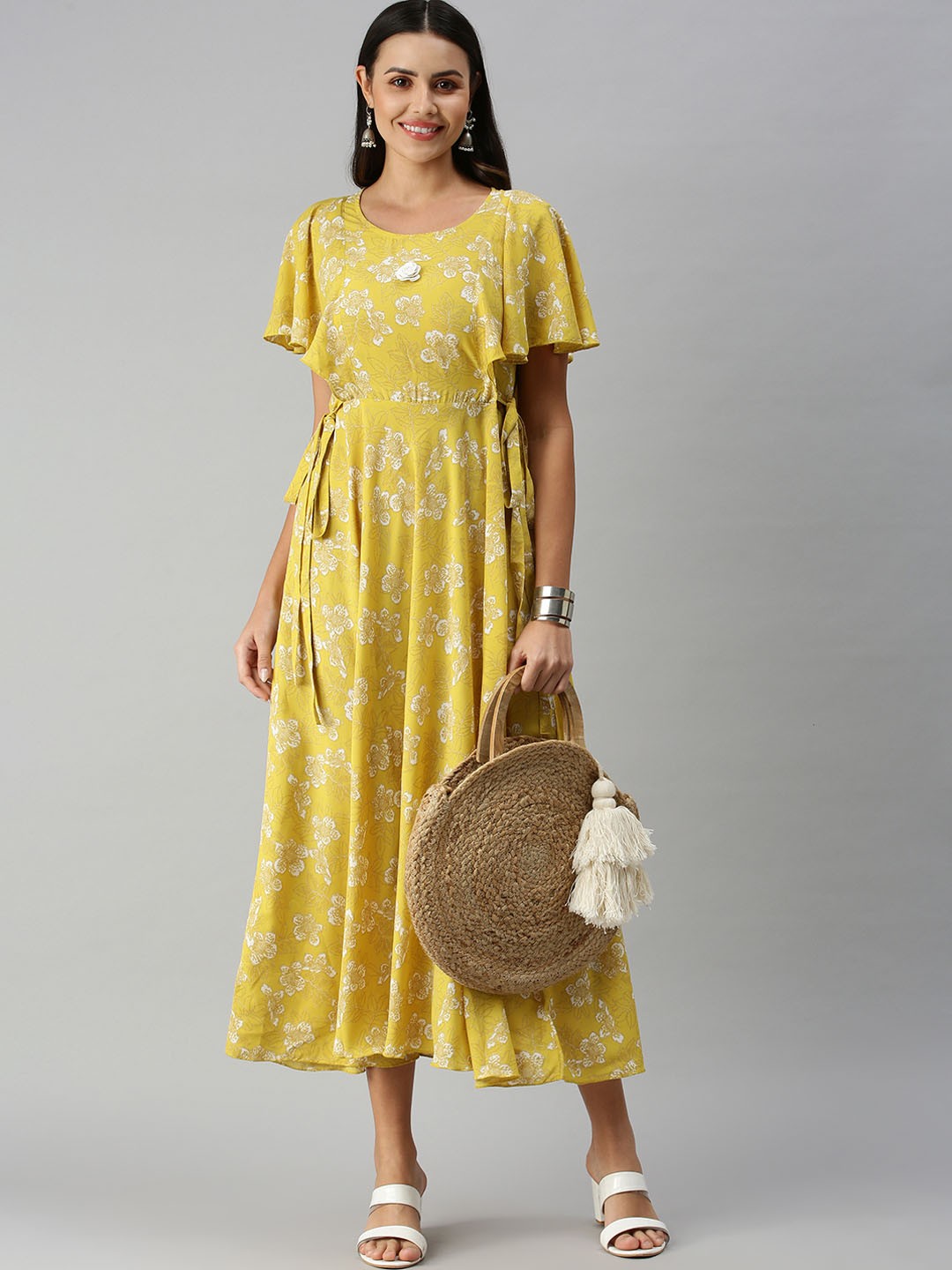 Buy SHOWOFF Yellow Floral Maxi Dress - Ethnic Dresses for Women ...