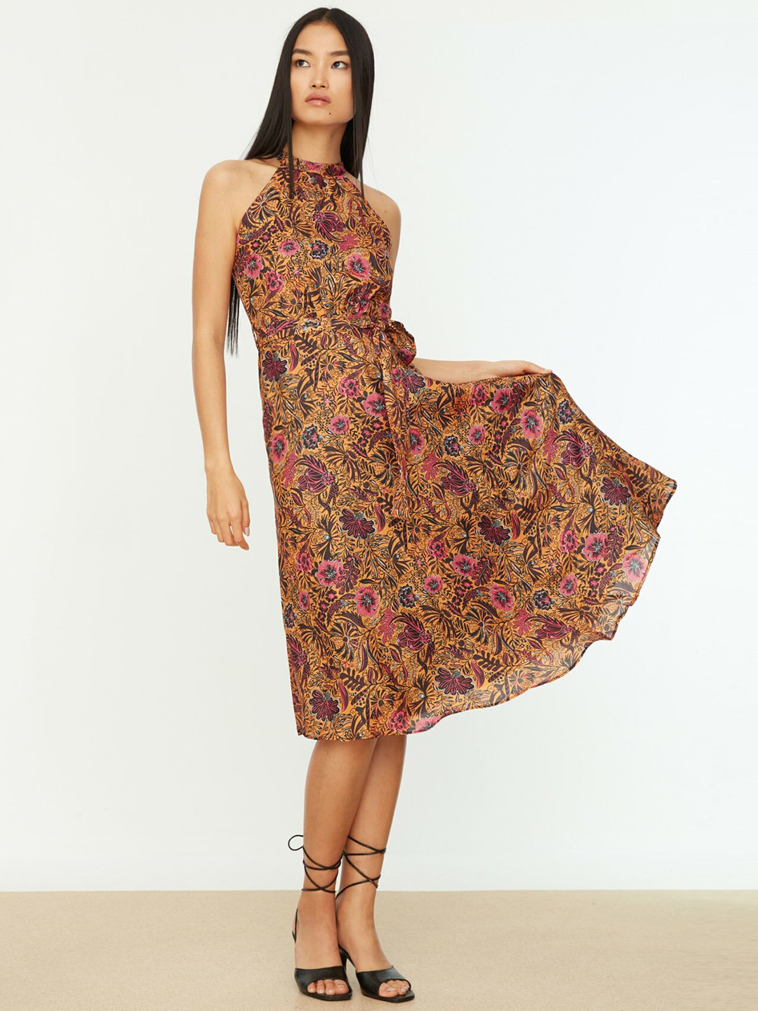 Buy Trendyol Mustard Yellow & Pink Floral Halter Neck A Line Midi Dress