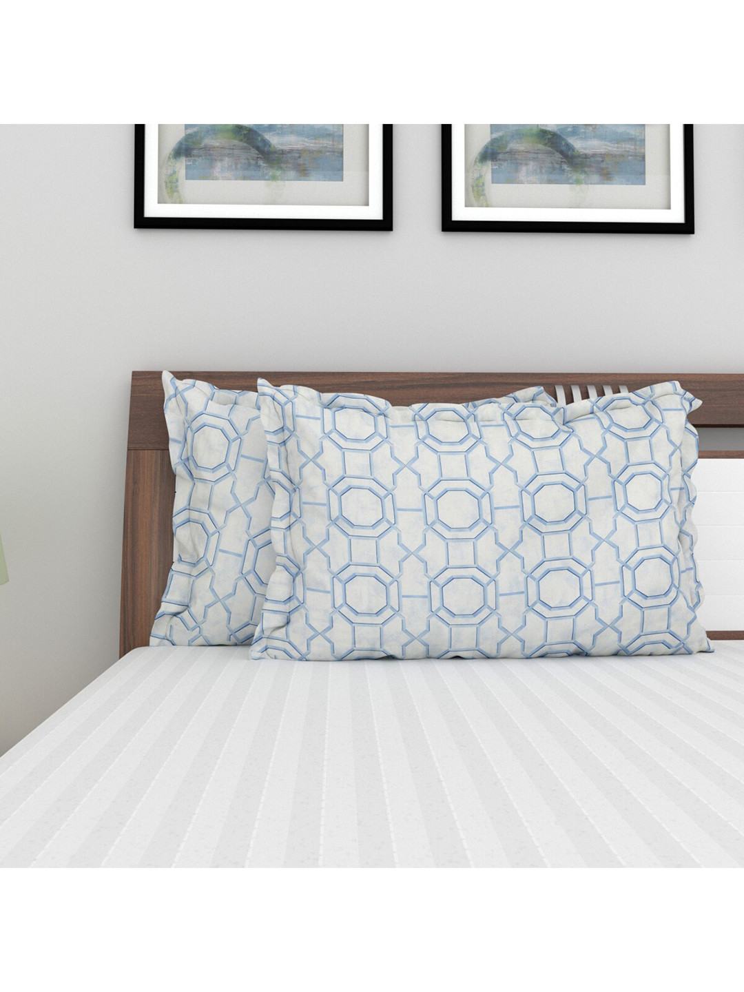 Buy Home Centre Set Of 2 White & Blue Geometric Printed Cotton Fiesta