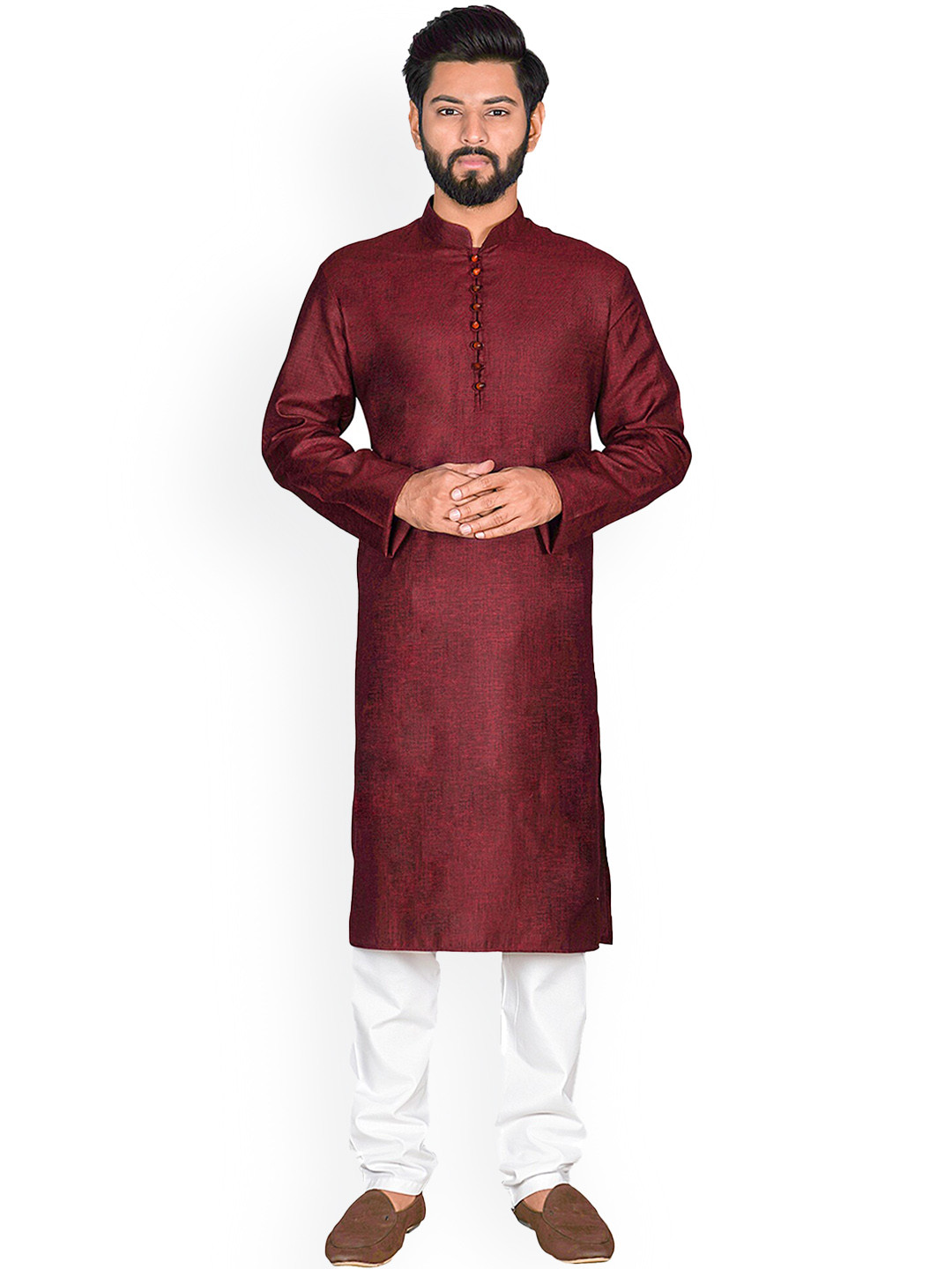 Men Maroon Floral Printed Kurta With Churidar