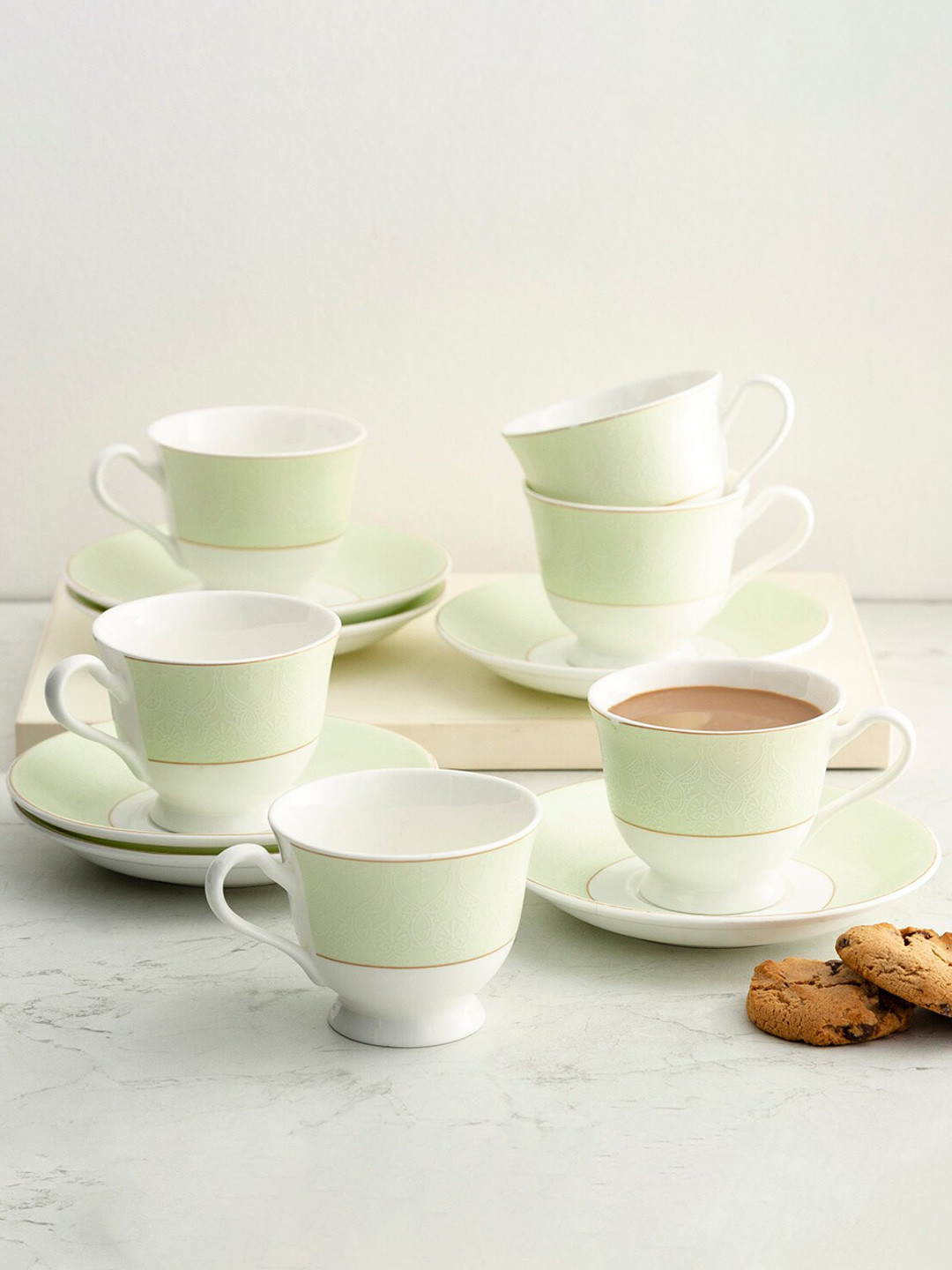 Buy Home Centre White & Green Set Of 6 Printed Bone China Glossy Cups