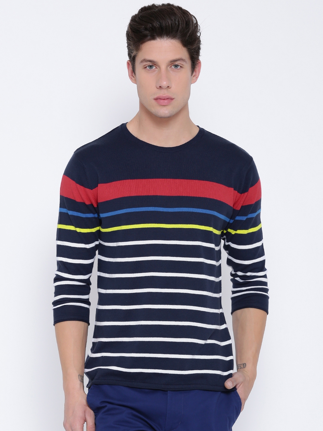 Buy United Colors Of Benetton Men Navy Blue Striped Round Neck Pure ...