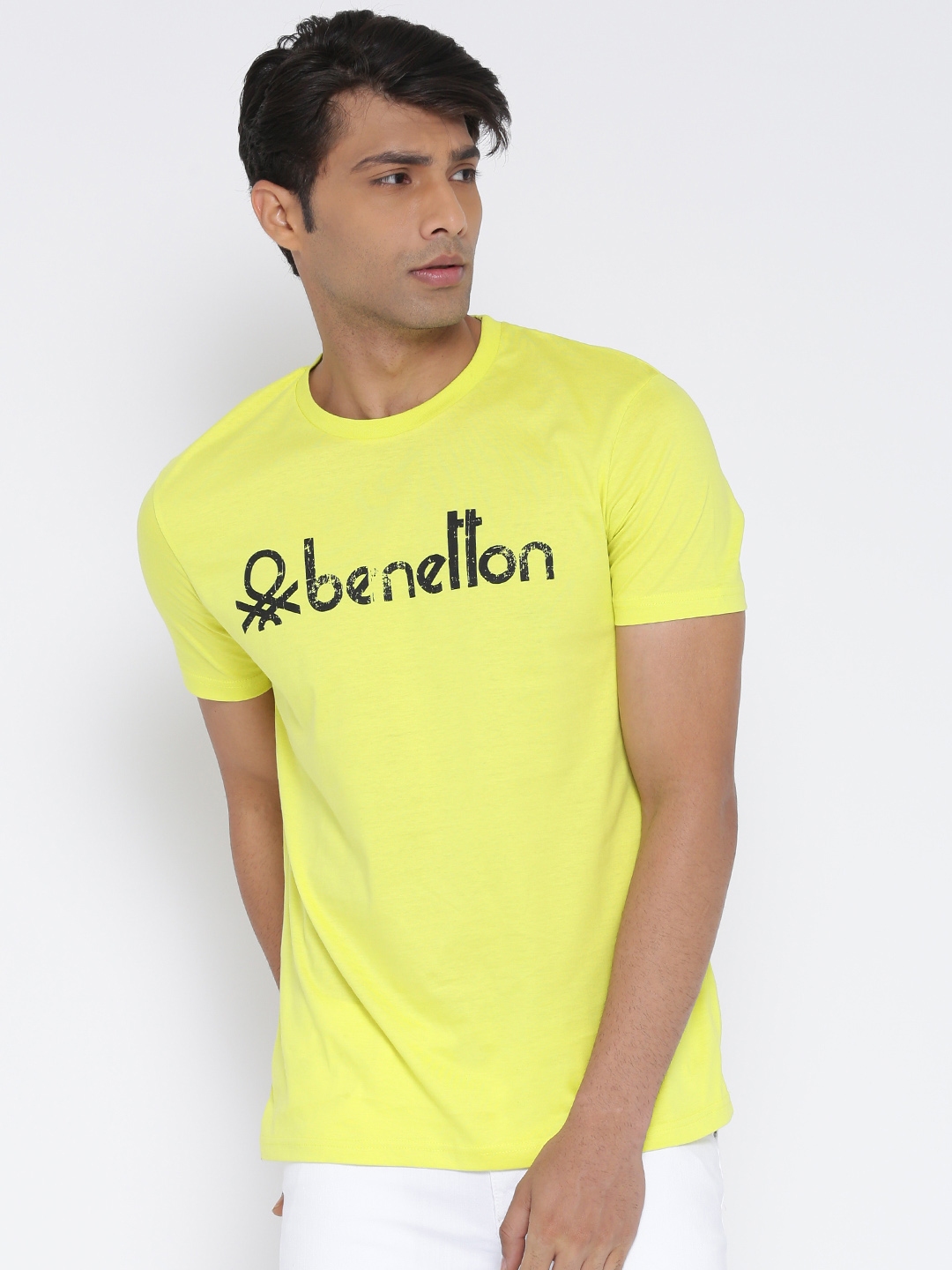 Buy United Colors Of Benetton Men Lime Green Printed Round Neck Pure ...