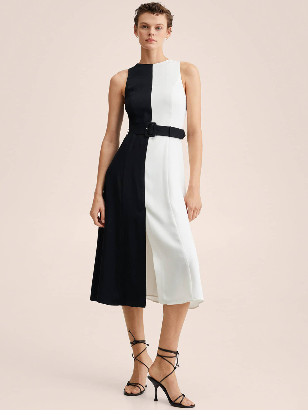 Buy MANGO Black & White Colourblocked A Line Midi Dress With Belt