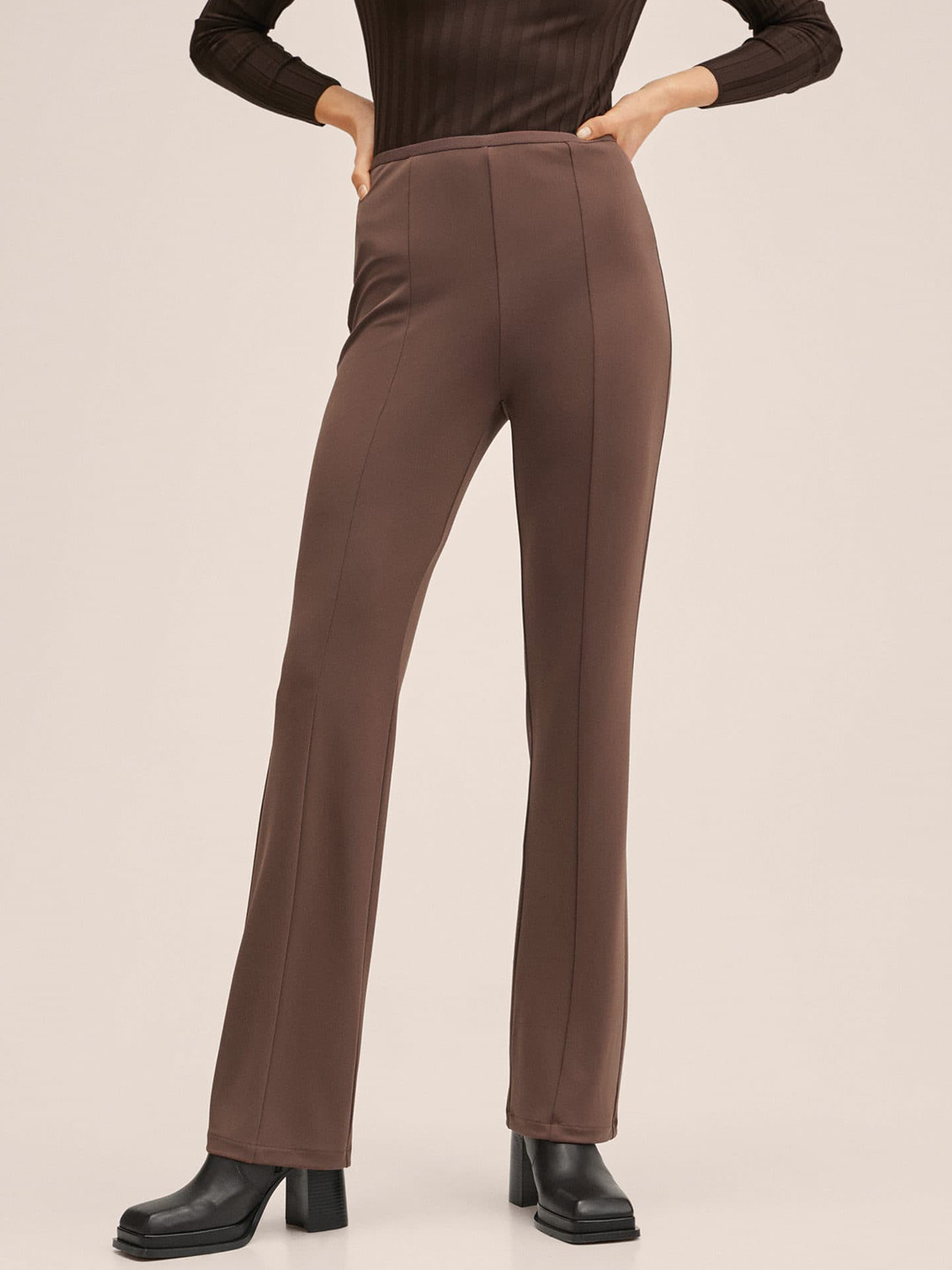 Buy MANGO Women Coffee Brown Solid Flared Trousers - Trousers for Women ...