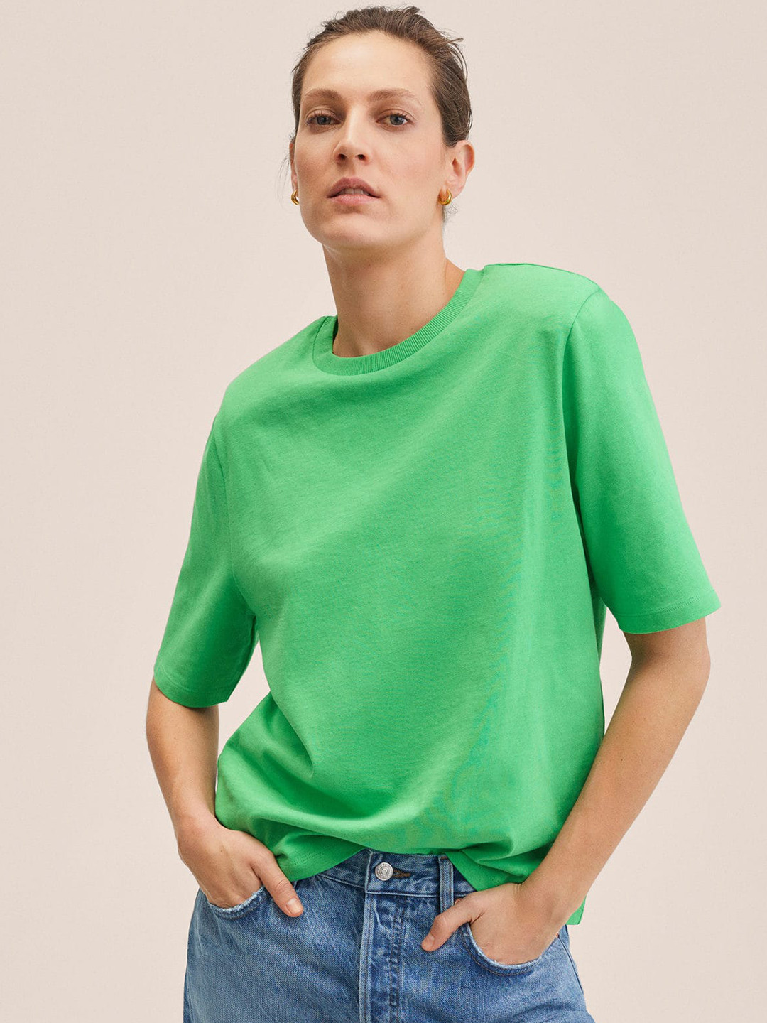Buy MANGO Women Green Padded Shoulder Pure Cotton T Shirt Tshirts for Women 17808756 Myntra