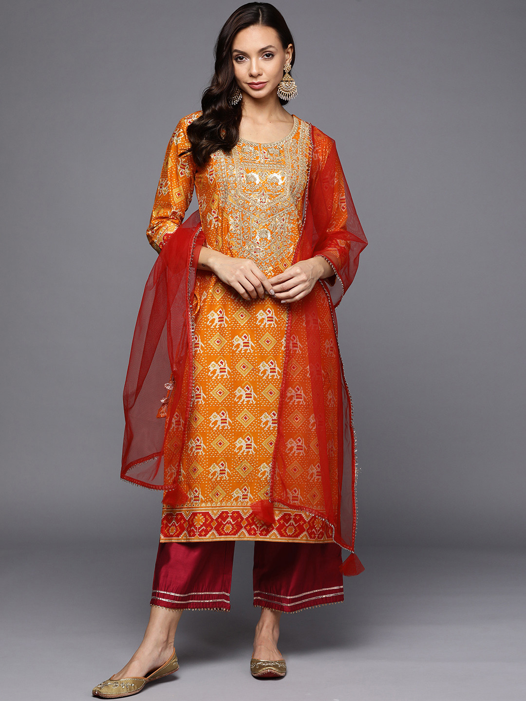 Buy Indo Era Women Mustard Yellow & Red Ethnic Embroidered Kurta With