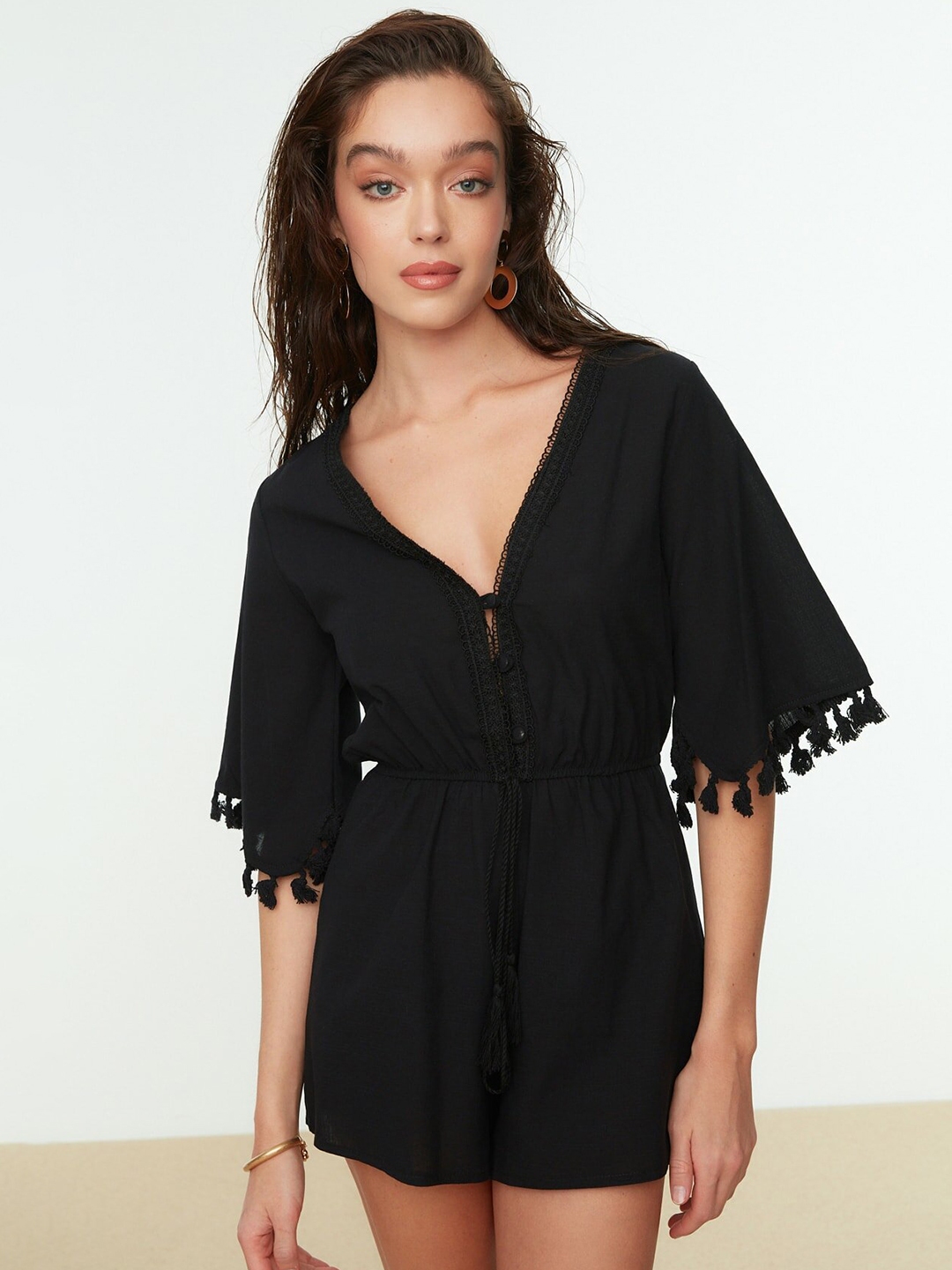 Buy Trendyol Women Black Solid Lace Inserts Pure Cotton Jumpsuit