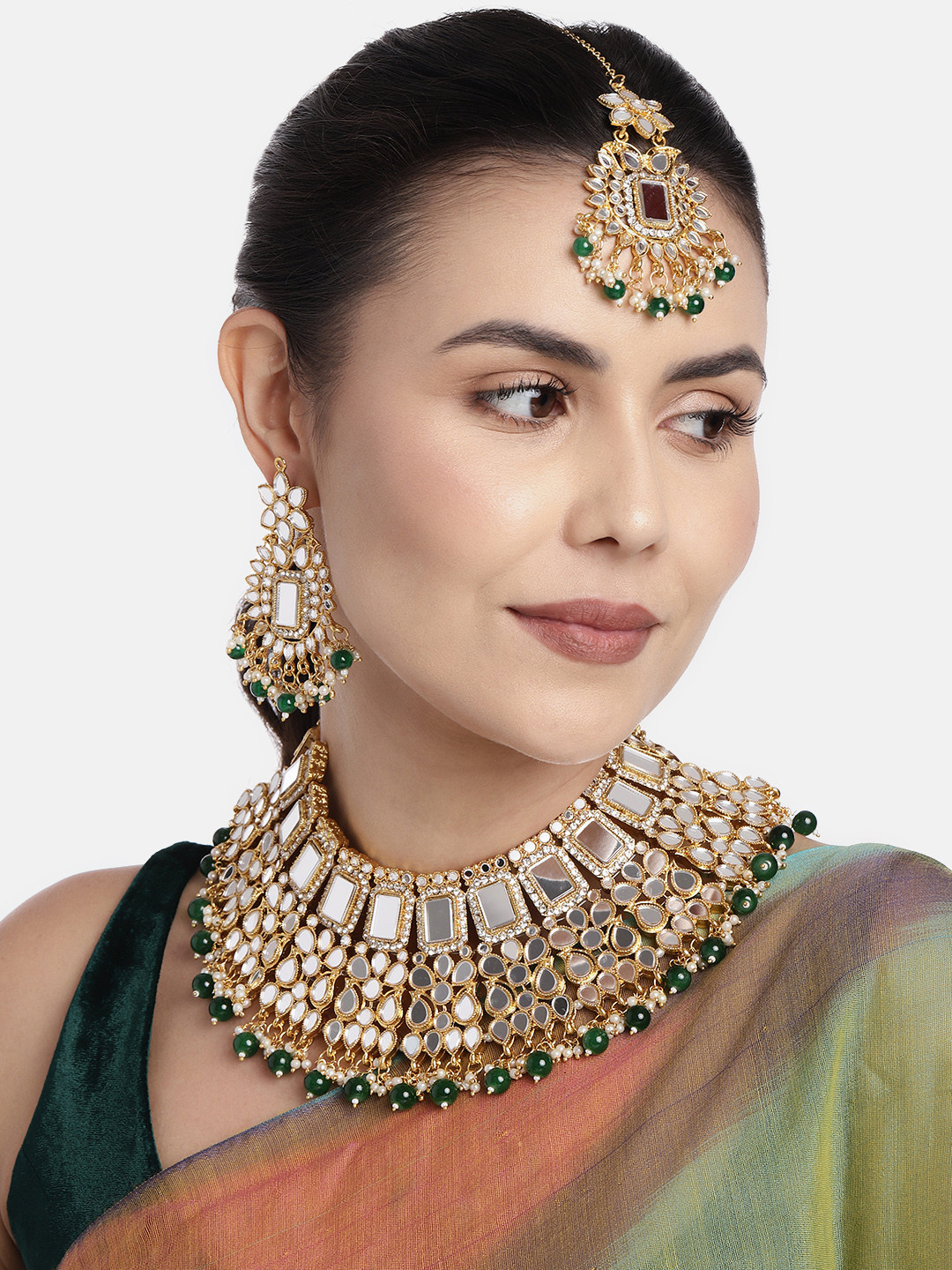 Buy Peora Green & White Gold Plated Studded Jewellery Set Jewellery