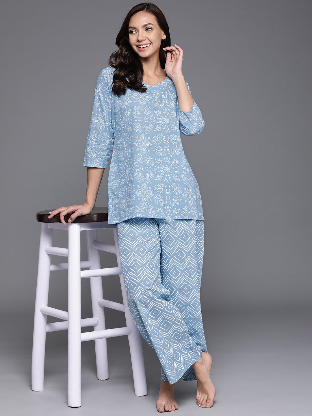 Buy Libas Women Blue Printed Cotton Night Suit Night Suits for Women