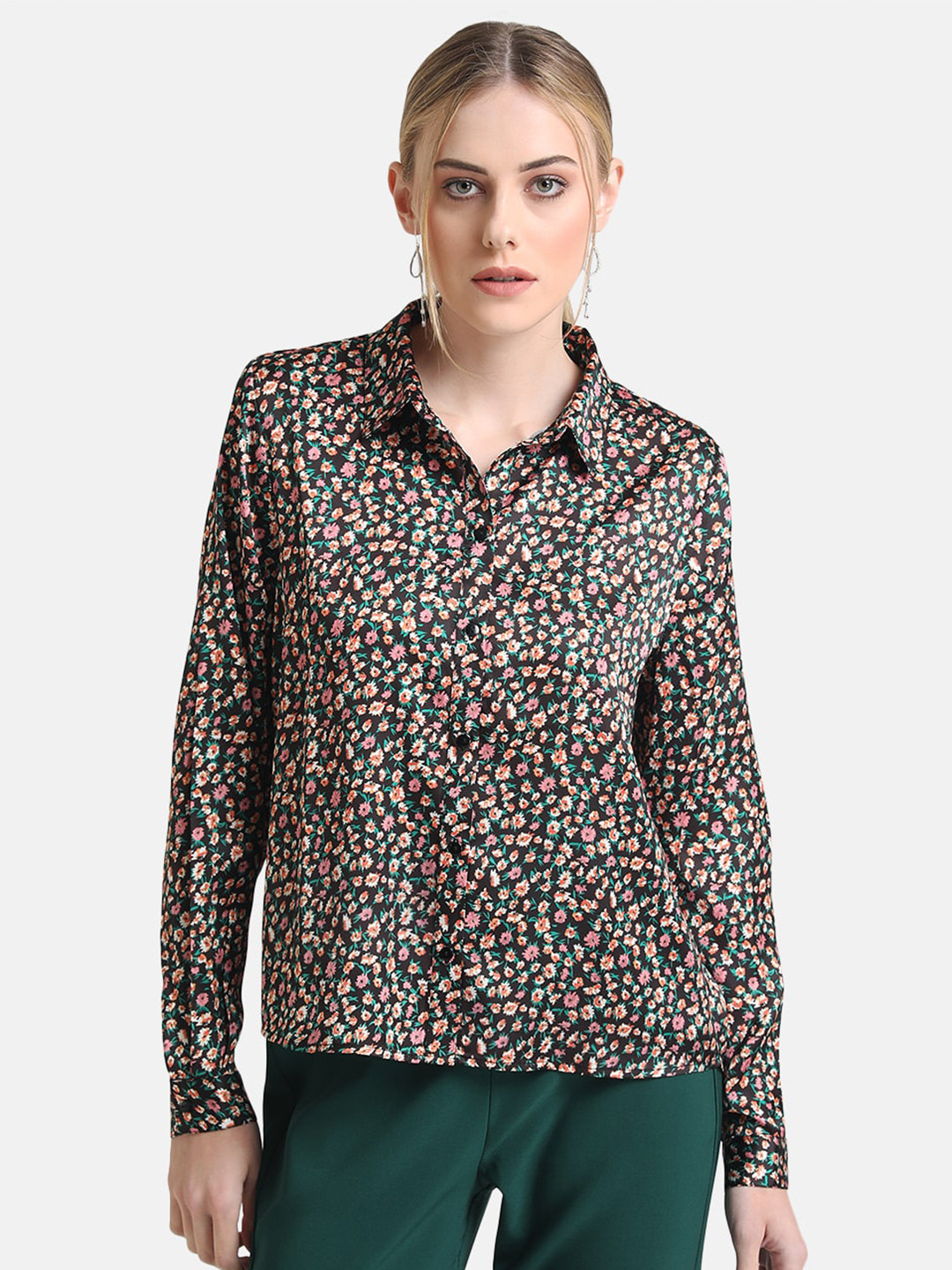 Buy Kazo Women Orange & Black Classic Floral Printed Satin Casual Shirt - Shirts for Women 