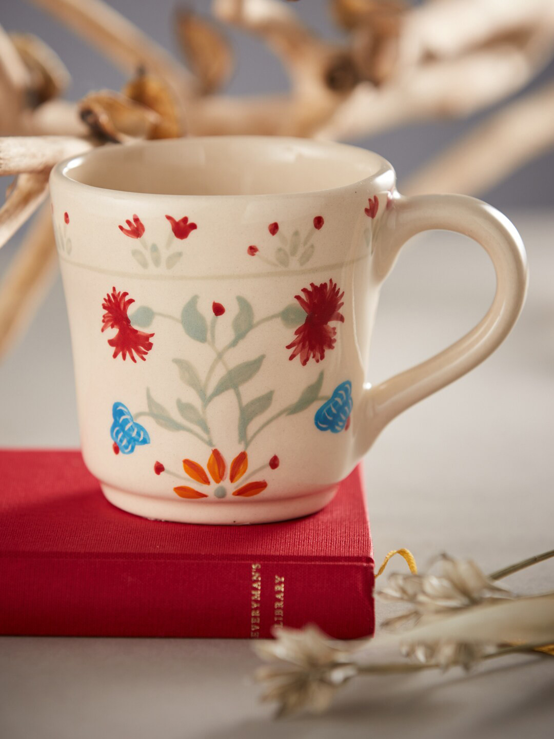 Buy Fabindia Cream Coloured & Red 4pc Floral Printed Ceramic Glossy