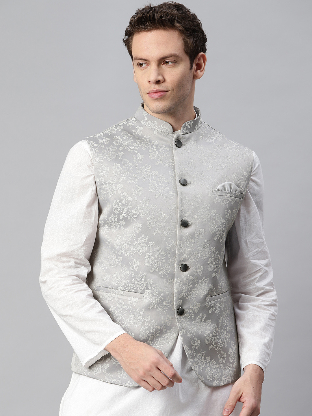 Buy ESSAS Club Men Grey & Silver Floral Self Design Nehru Jacket With