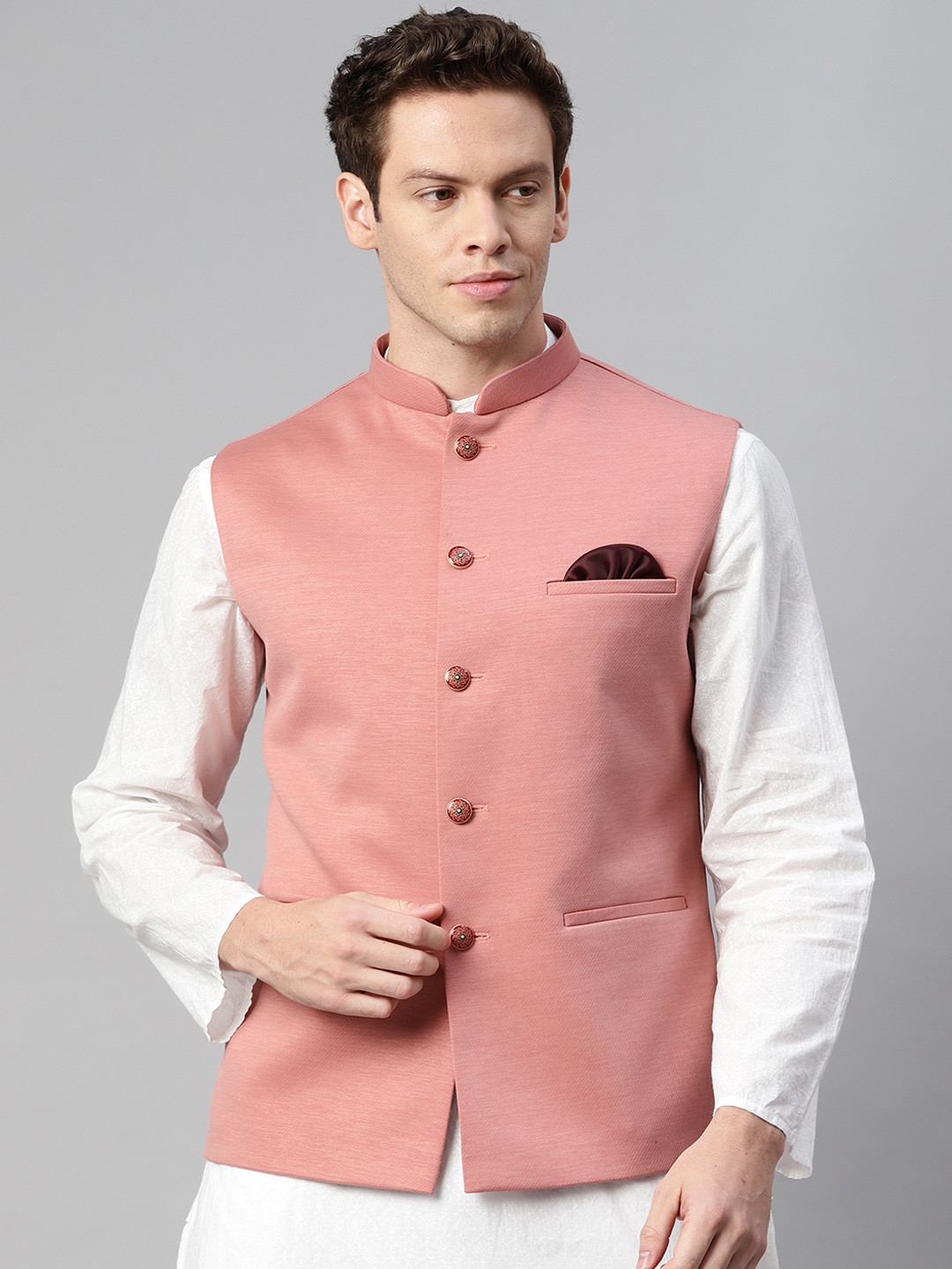 Buy ESSAS Club Men Pink Solid Nehru Jacket With Pocket Square Nehru