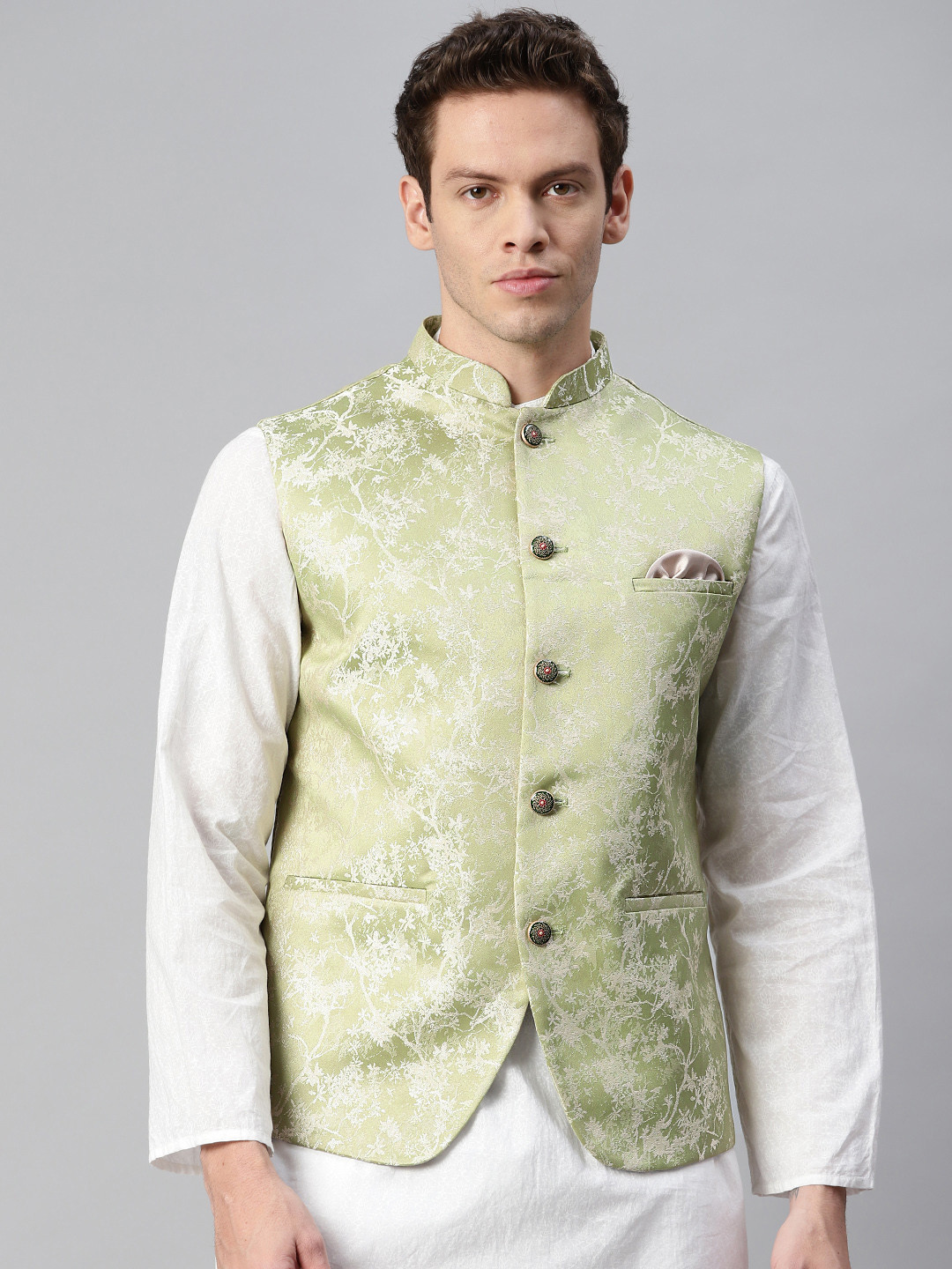 Buy ESSAS Club Men Green & Silver Floral Self Design Nehru Jacket With